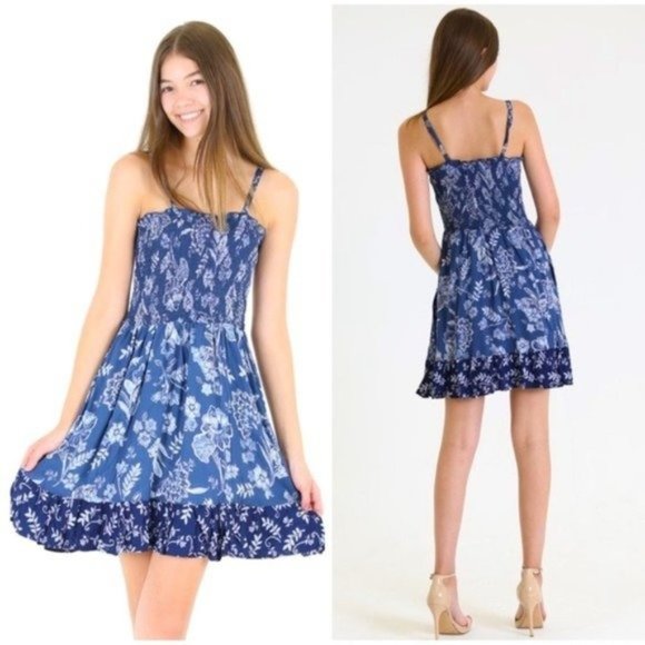 Blue Floral Smocked Boho Ruffle Mini Dress - Picture 6 of 7